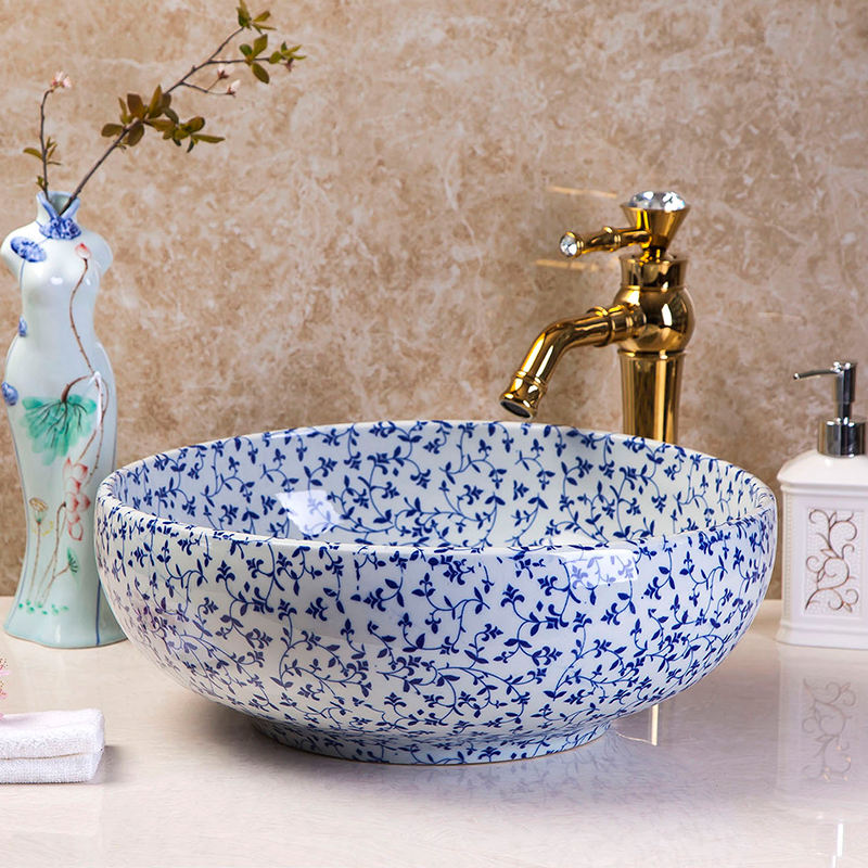 Blue and White Lotus Branch Ceramic Art Bathroom Sink, Porcelain Round Above Counter Lavabo Wash Basin, Artistic Vessel
