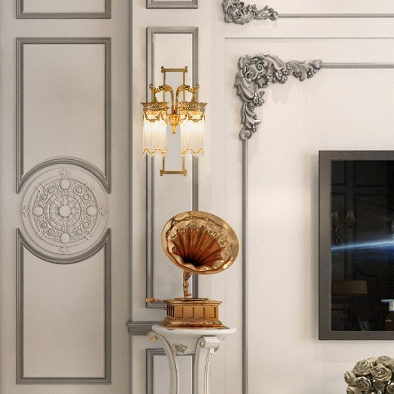 Luxurious Double Lantern Wall Sconce with Mirror Backplate, Antique Brass and Crystal Glass LED Wall Lamp for Hallway, Living Room, or Hotel Decor