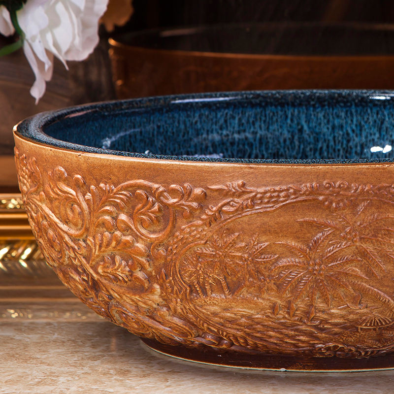 Handmade Engraved Tree Porcelain Bathroom Basin, Rustic Brown Ceramic Round Countertop Sink – Art Bowl