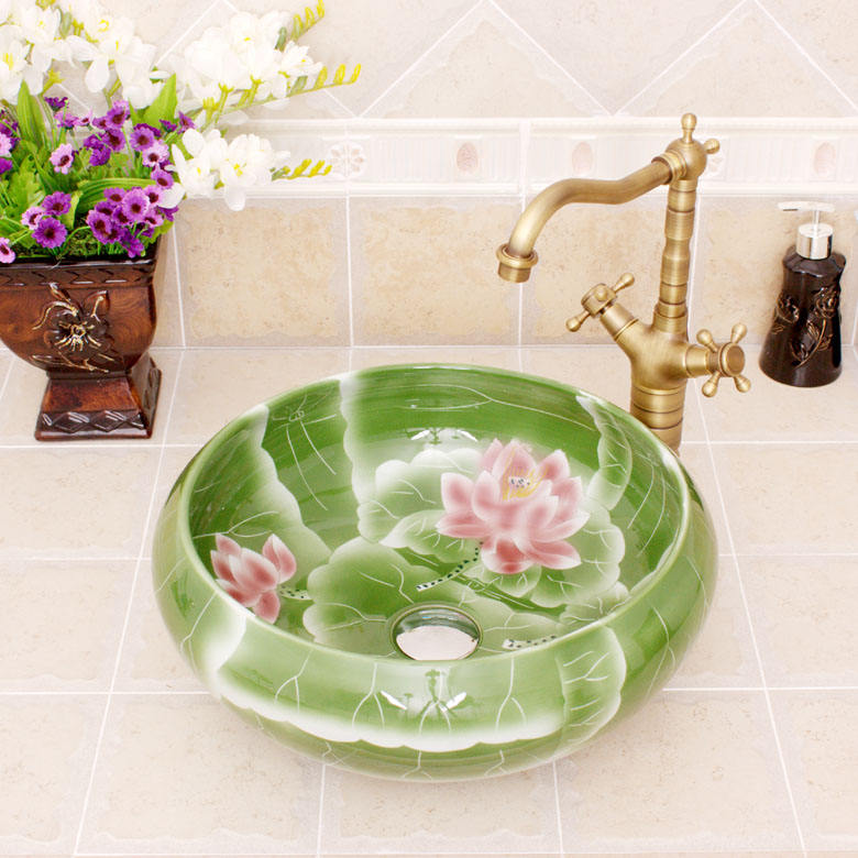 Hand-Painted Lotus Art Ceramic Wash Basin, Green Porcelain Bathroom Sink Countertop Bowl, Lotus Flower Design