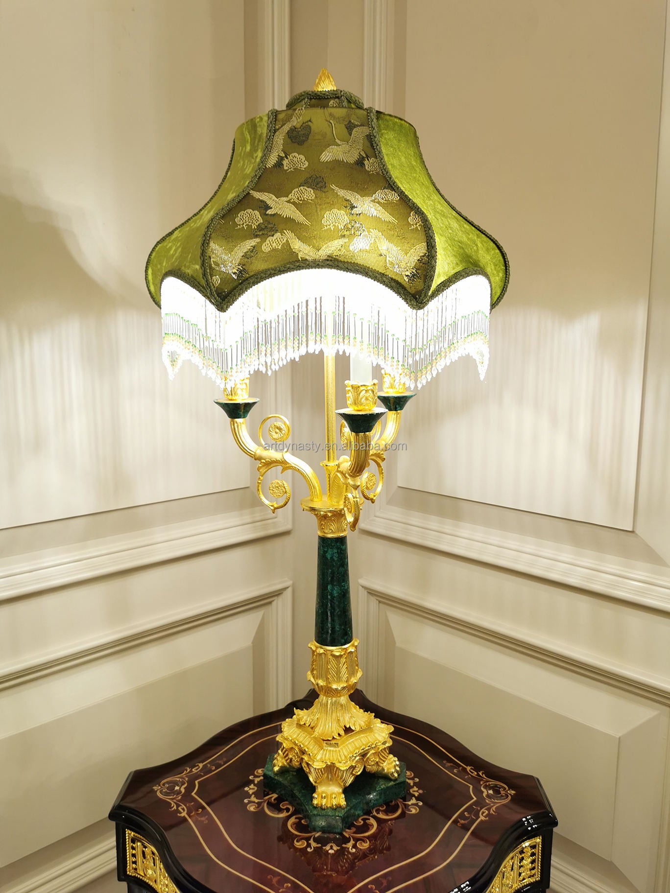 Classical Malachite Green Table Lamp, Gilded Brass Carved Bedroom Bedside Lamp, Elegant LED Bronze Hotel Style