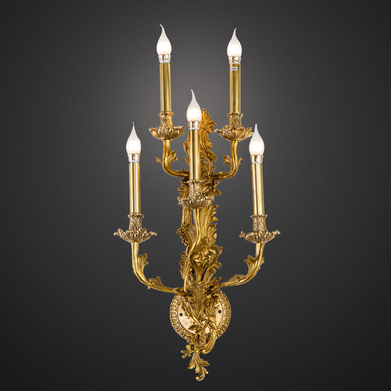 Golden Floral Candlestick Wall Sconce, Antique Brass 4-Light Candle Holder Wall Lamp for Graceful Living Room or Hallway Decor