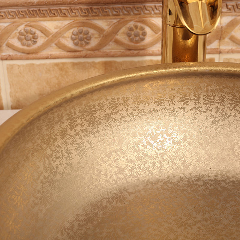 Golden Glazed Ceramic Bathroom Vessel Sink, Factory Direct Luxury Porcelain Round Basin, Countertop Lavabo Sanitary Ware