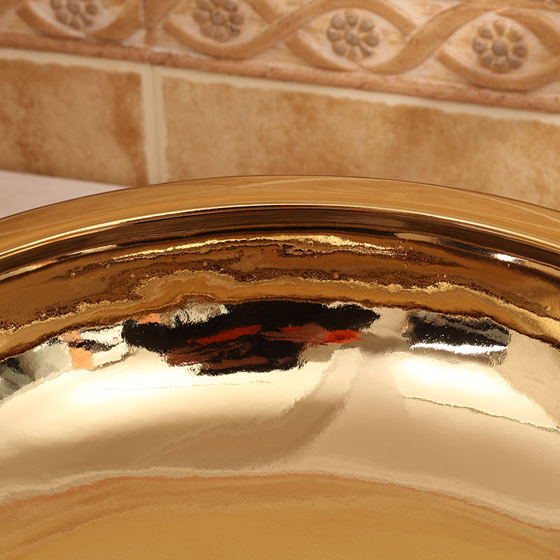 Handmade Gold Ceramic Bathroom Basin, Countertop Round Porcelain Wash Sink with Embossed Shell Pattern