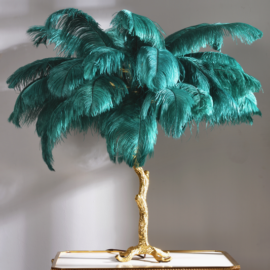 Luxury Ostrich Feather Table Lamp, Large Decorative Centerpiece Light for Modern Home Interiors, Tall, Elegant Gold Stand