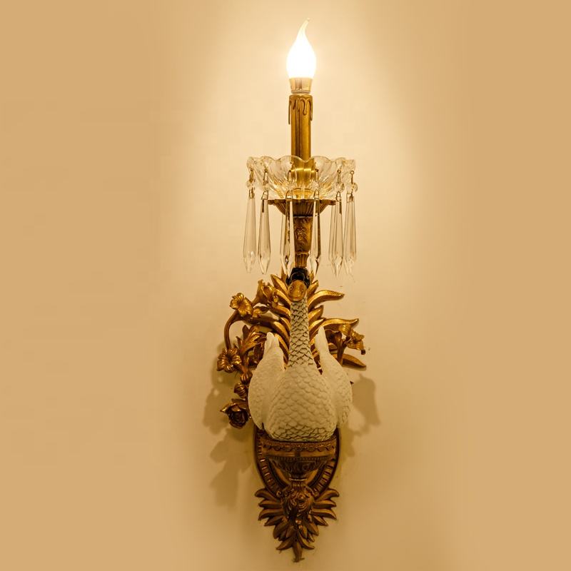 Luxury Swan Wall Sconce Light, Decorative Brass and Porcelain Bird Lamp with Crystals for Elegant Living Room, Bedroom, or Hallway Accent