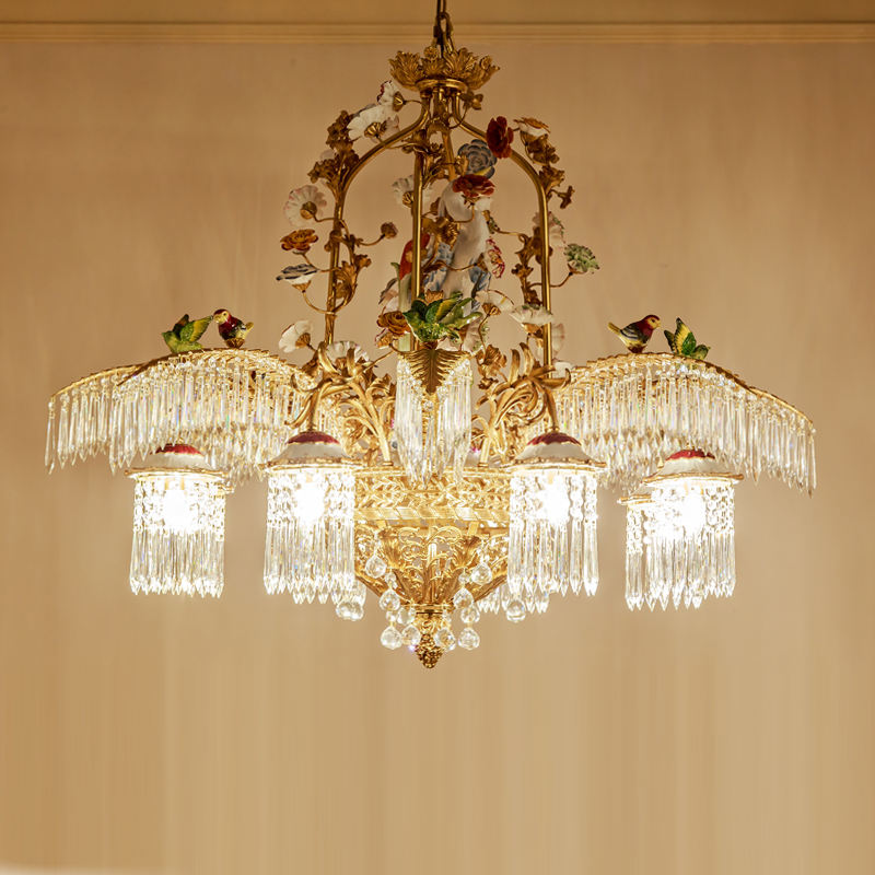 LED Wall Light, Luxury Brass Wall Sconce with Ceramic Birds and Crystal Accents, Modern High-End Decorative Fixture