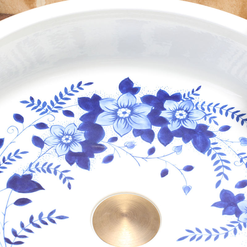 Handmade Blue Flower Branch Ceramic Bathroom Basin, Artistic White Porcelain Countertop Sink, Luxury Washbasin