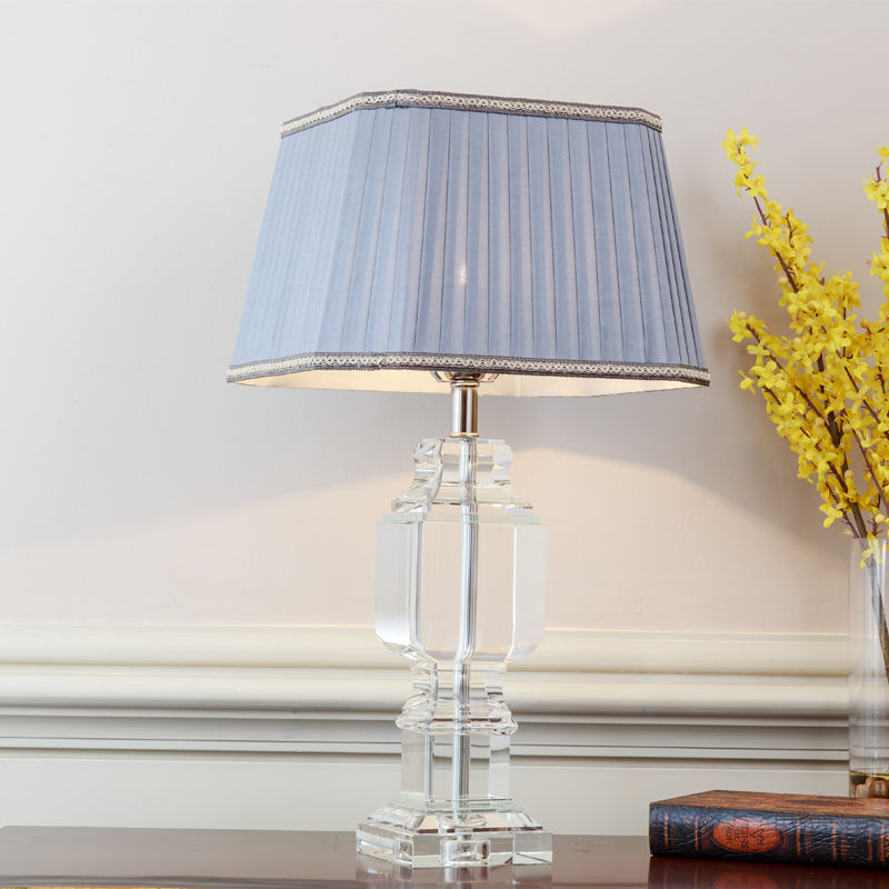 Luxury Crystal Table Lamp with Blue Fabric Shade, Modern Decorative Desk Light for Bedroom, Living Room, Hotel, Elegant Home Décor Nightstand Lighting