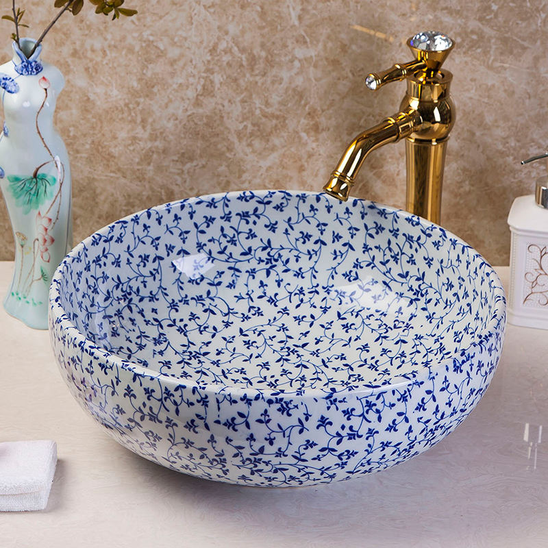 Blue and White Lotus Branch Ceramic Art Bathroom Sink, Porcelain Round Above Counter Lavabo Wash Basin, Artistic Vessel