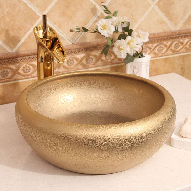 Golden Glazed Ceramic Bathroom Vessel Sink, Factory Direct Luxury Porcelain Round Basin, Countertop Lavabo Sanitary Ware