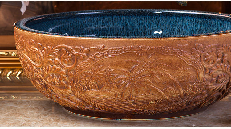Handmade Engraved Tree Porcelain Bathroom Basin, Rustic Brown Ceramic Round Countertop Sink – Art Bowl