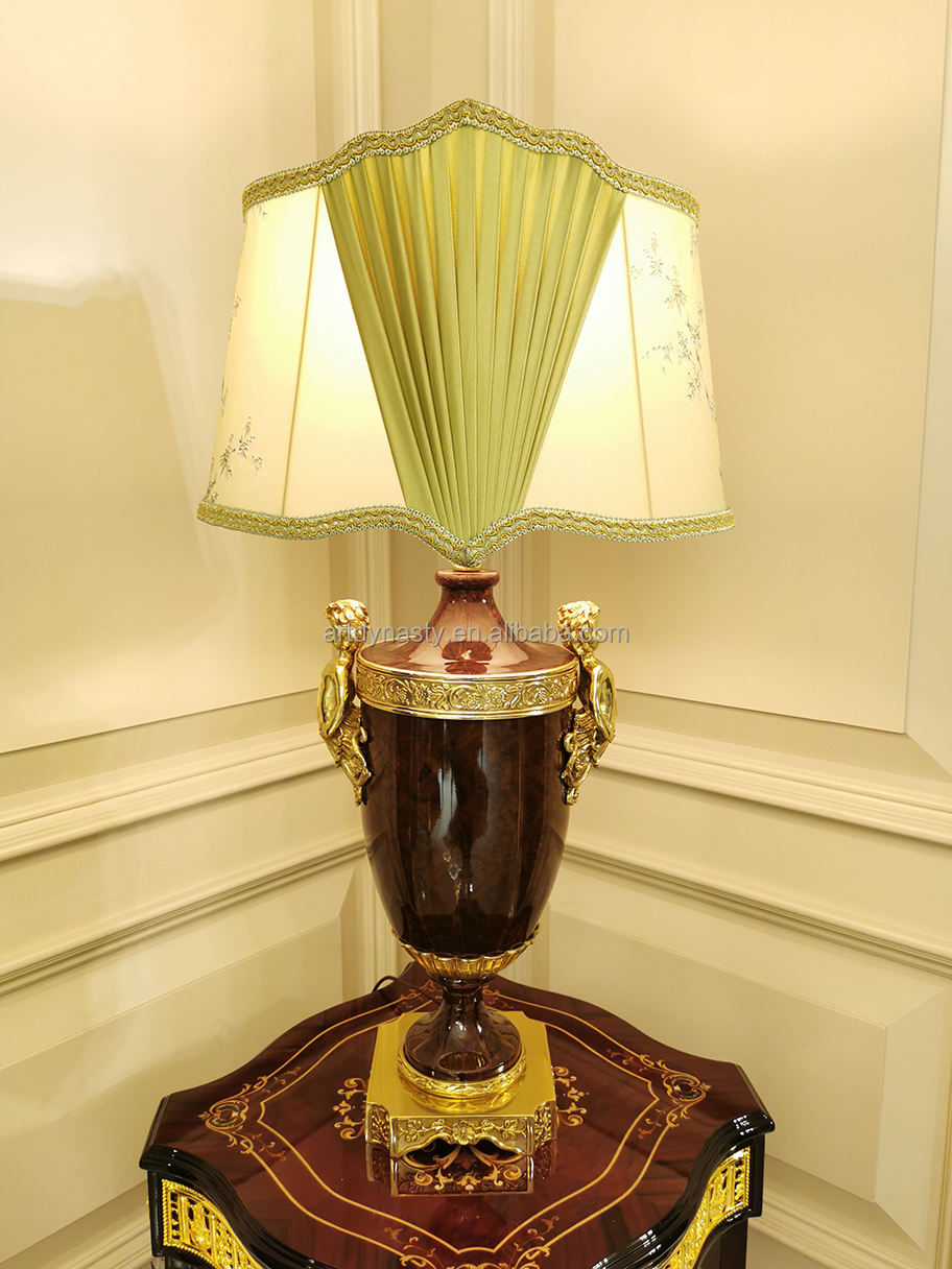 Classical Table Lamp with Carved Gilded Brass & Wooden Base, Bedroom Bedside or Living Room Study Room LED Light, Scalloped Shade