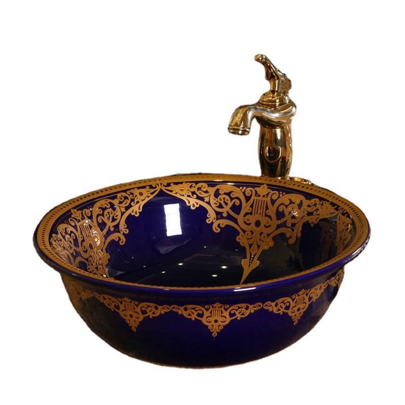 Art Porcelain Countertop Basin, Blue & Gold Hand Wash Bathroom Sink, Round Artistic Vanity Vessel
