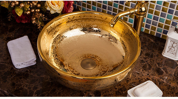 Modern Gold Ceramic Countertop Basin, Handmade Bathroom Sink, Luxury Porcelain Washbasin – Artistic Vessel