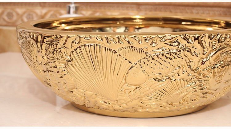 Handmade Gold Ceramic Bathroom Basin, Countertop Round Porcelain Wash Sink with Embossed Shell Pattern