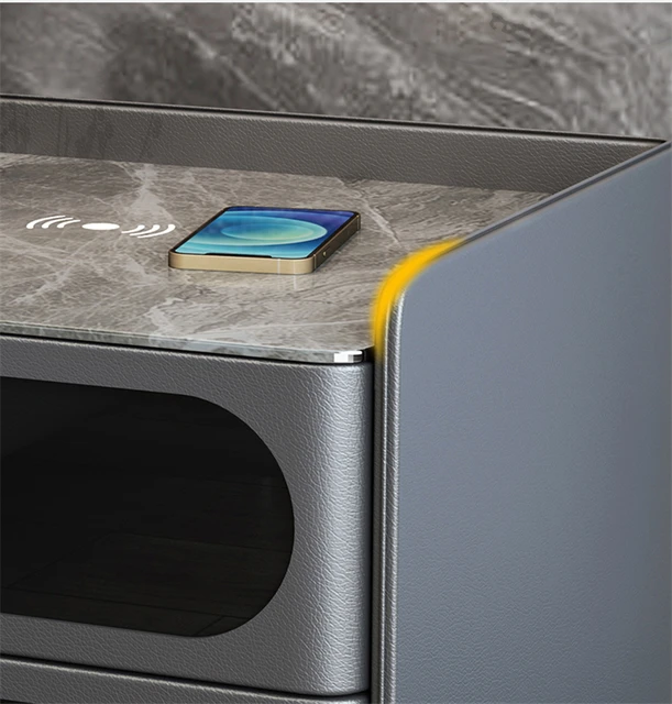 Smart nightstand with wireless charger & keypad safety lock premium leather finish with marble stone top