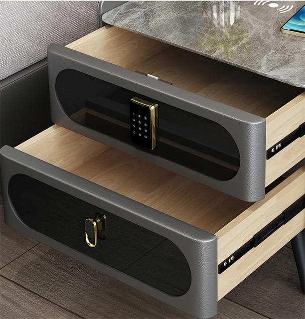Smart nightstand with wireless charger & keypad safety lock premium leather finish with marble stone top