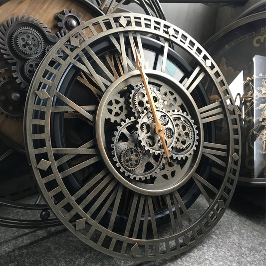 Big Antique Metal Vintage Moving Gear Farmhouse Industrial Wall Clock