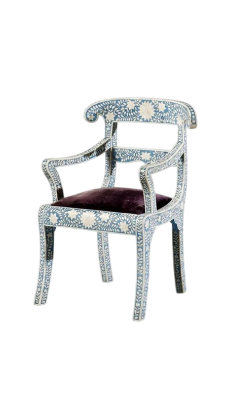 Hand Painted Floral Dining Armchair, Solid Wood Accent Chair with Upholstered Velvet Seat, Blue and White Patterned Vanity Chair, French Country Side Chair for Dining Room, Bedroom, Living Room, and Entryway