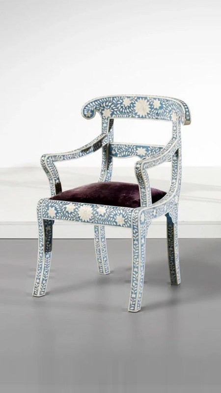 Hand Painted Floral Dining Armchair, Solid Wood Accent Chair with Upholstered Velvet Seat, Blue and White Patterned Vanity Chair, French Country Side Chair for Dining Room, Bedroom, Living Room, and Entryway