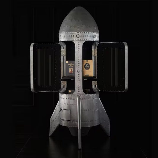 Rocket Bar Cabinet – Space Capsule-Inspired Metal Storage Unit | Industrial Retro Mini Bar Cabinet | Handmade Rocket-Shaped Liquor Cabinet for Living Room, Lounge & Office Decor