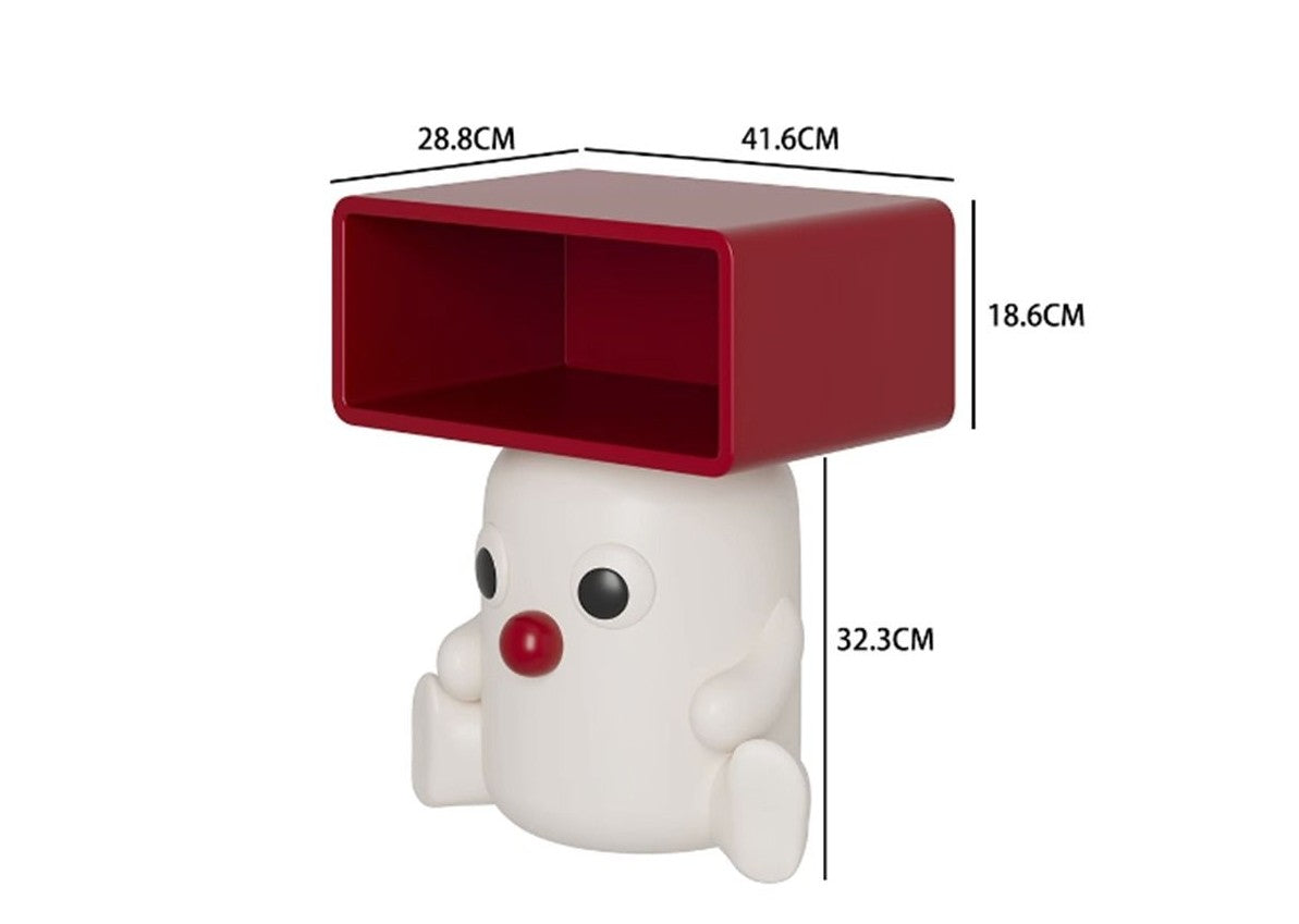 Adorable White Baby Character Side Table with Red Storage Cube – Cartoon End Table, Creative Nursery Bedside Cabinet for Kids Room and Living Room