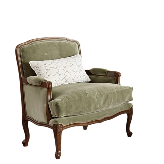 Green Velvet Accent Chair, French Style Solid Wood Armchair with Nailhead Trim, Oversized Single Sofa Chair for Living Room, Bedroom, Reading Nook, Lounge, Office