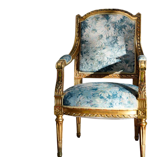 Blue Floral Upholstered Accent Chair, French Style Carved Solid Wood Armchair with Gold Finish Frame, Vintage Single Sofa Chair for Living Room, Bedroom, Lounge, Hotel, Reading Nook