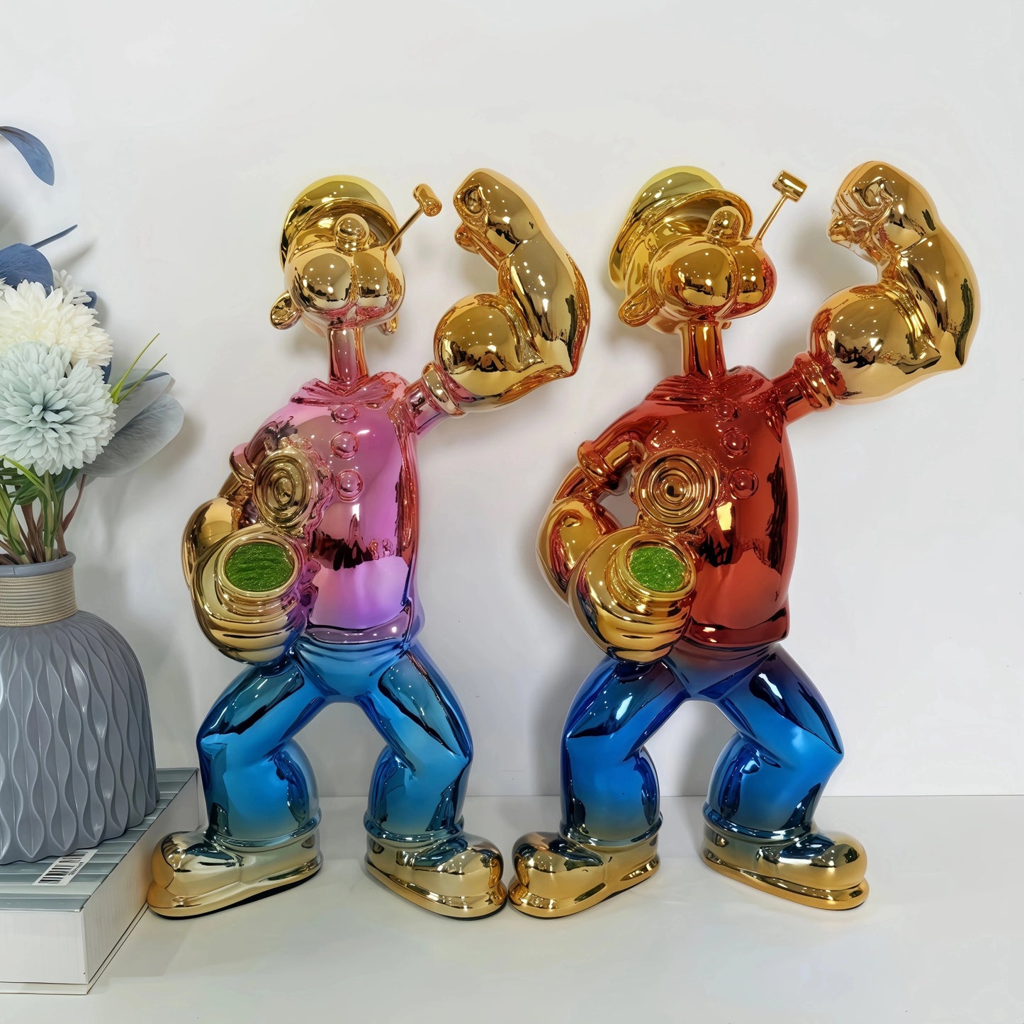 Modern Luxury Popeye Chrome Sculpture, Creative Metallic Art Figurine, Red Small Floor Statue for Home, Office, Mall