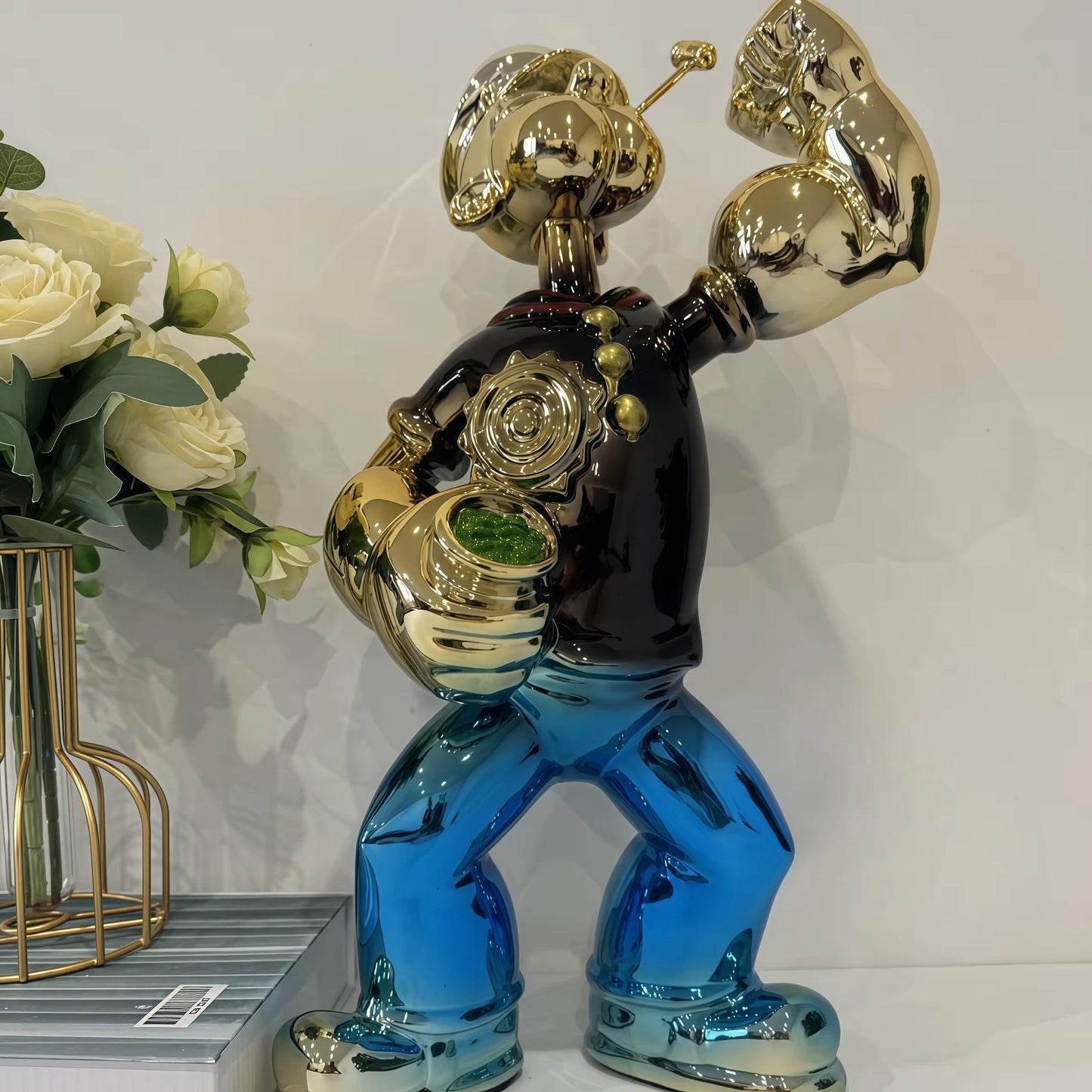 Modern Luxury Popeye Chrome Sculpture, Creative Metallic Art Figurine, Red Small Floor Statue for Home, Office, Mall