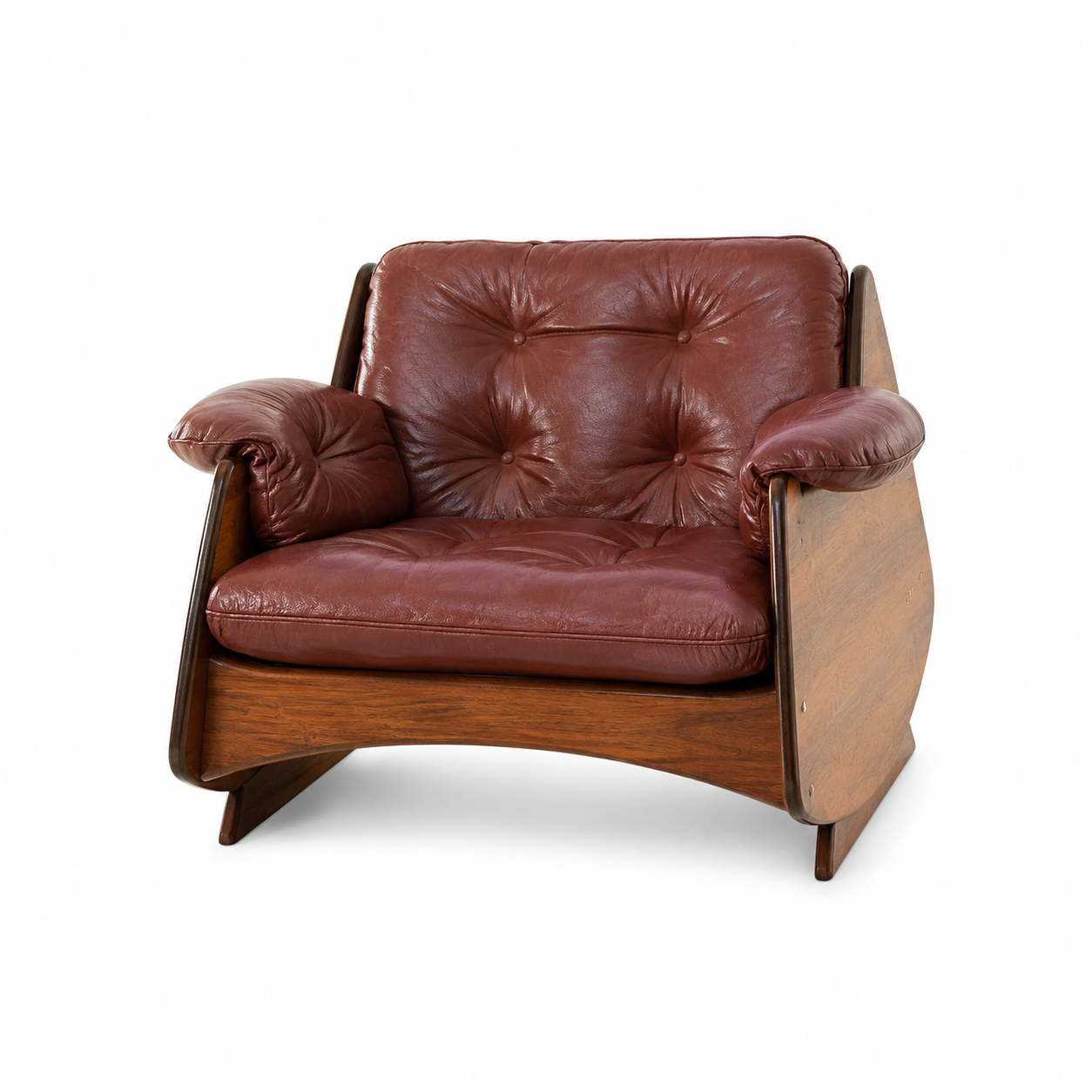 Mid Century Modern Red Leather Accent Chair, Solid Wood Lounge Chair with Tufted Cushion, Sculptural Single Sofa Chair for Living Room, Office, Reading Nook, Hotel Lounge