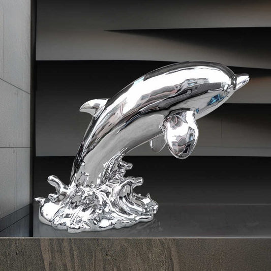 Modern Chrome Dolphin Sculpture, Large Fiberglass Electroplated Whale Art for Hotel Lobby, Showroom & Wall Display, Premium Marine Life Decor
