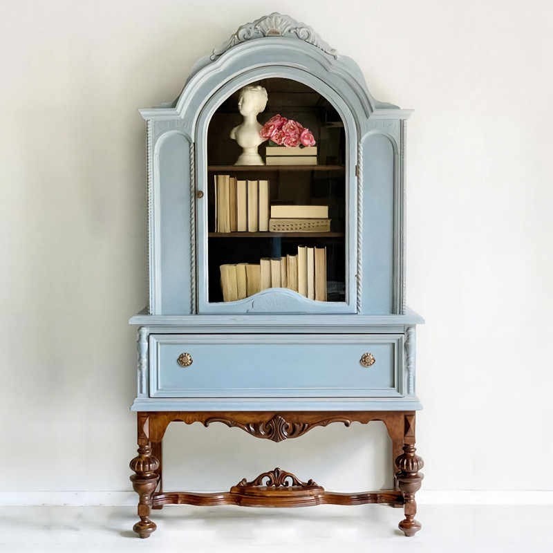 Vintage Luxury Carved Glass-Front Display Cabinet – Solid Wood Single-Door Wine & Bookcase High Cabinet