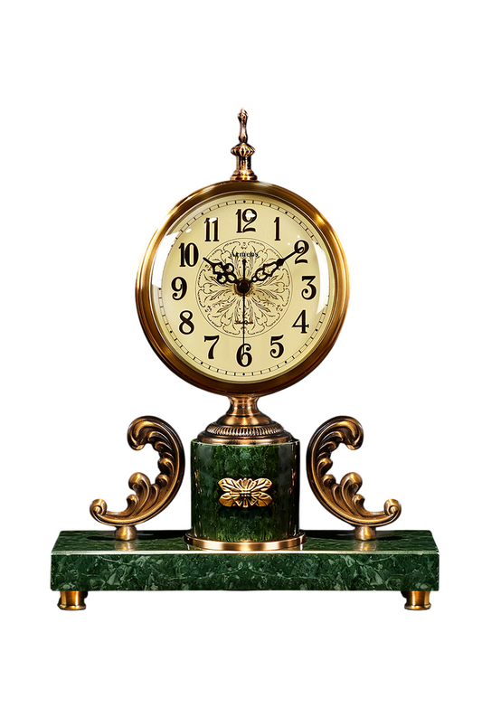 Green Marble Base Table Clock, Antique Bronze Analog Mantel Clock, Vintage European Decorative Desk Clock with Round Dial for Living Room, Office, Bedroom, Fireplace Mantel and Console Table