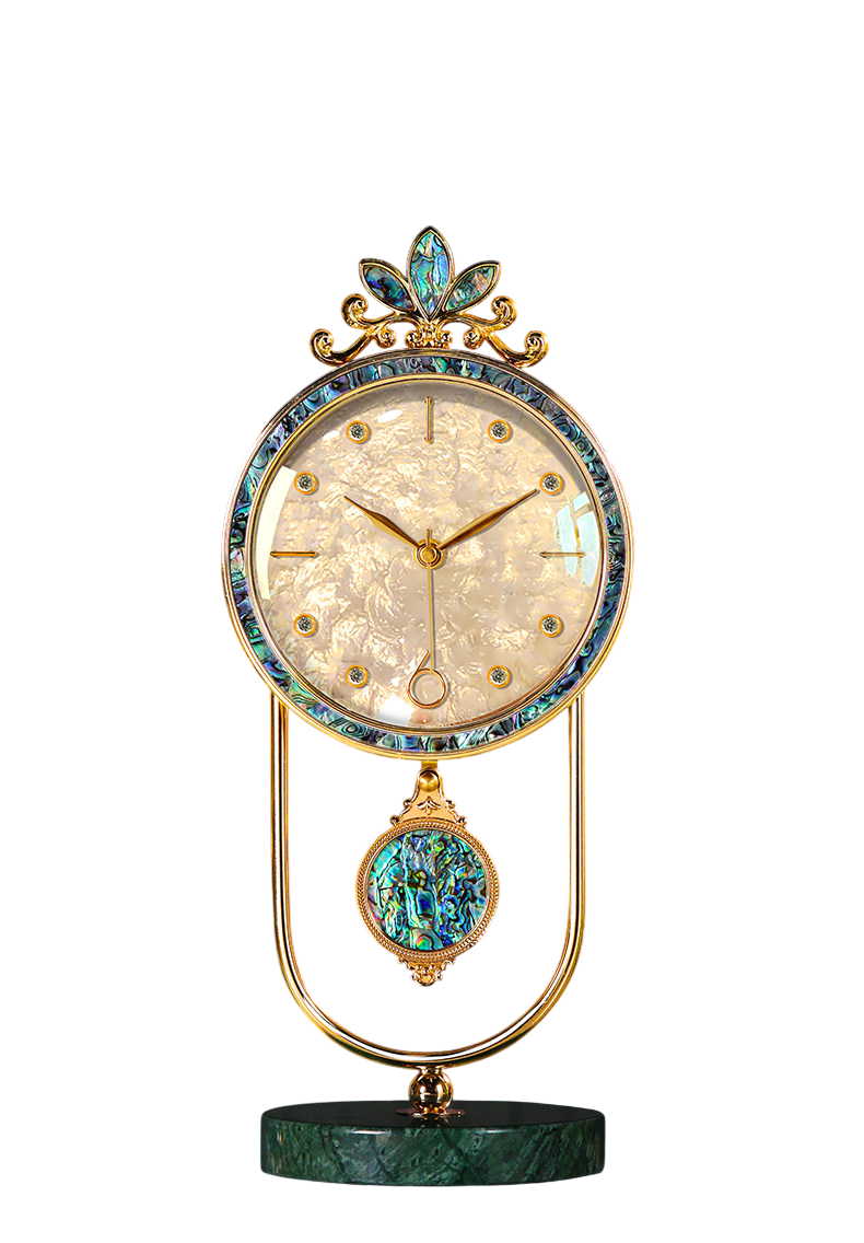 Gold and Iridescent Shell-Inlay Pendulum Table Clock, Decorative Mantel Clock with Crystal-Style Hour Markers and Green Marble Base for Living Room, Office, Bedroom and Console Table