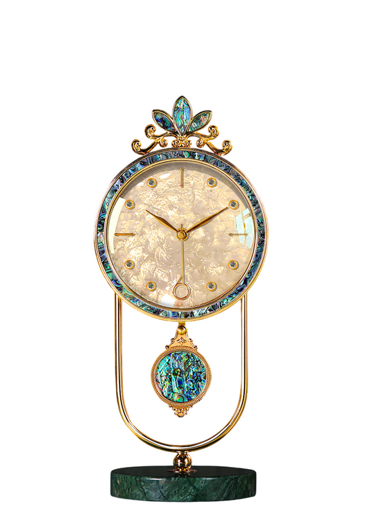 Gold and Iridescent Shell-Inlay Pendulum Table Clock, Decorative Mantel Clock with Crystal-Style Hour Markers and Green Marble Base for Living Room, Office, Bedroom and Console Table