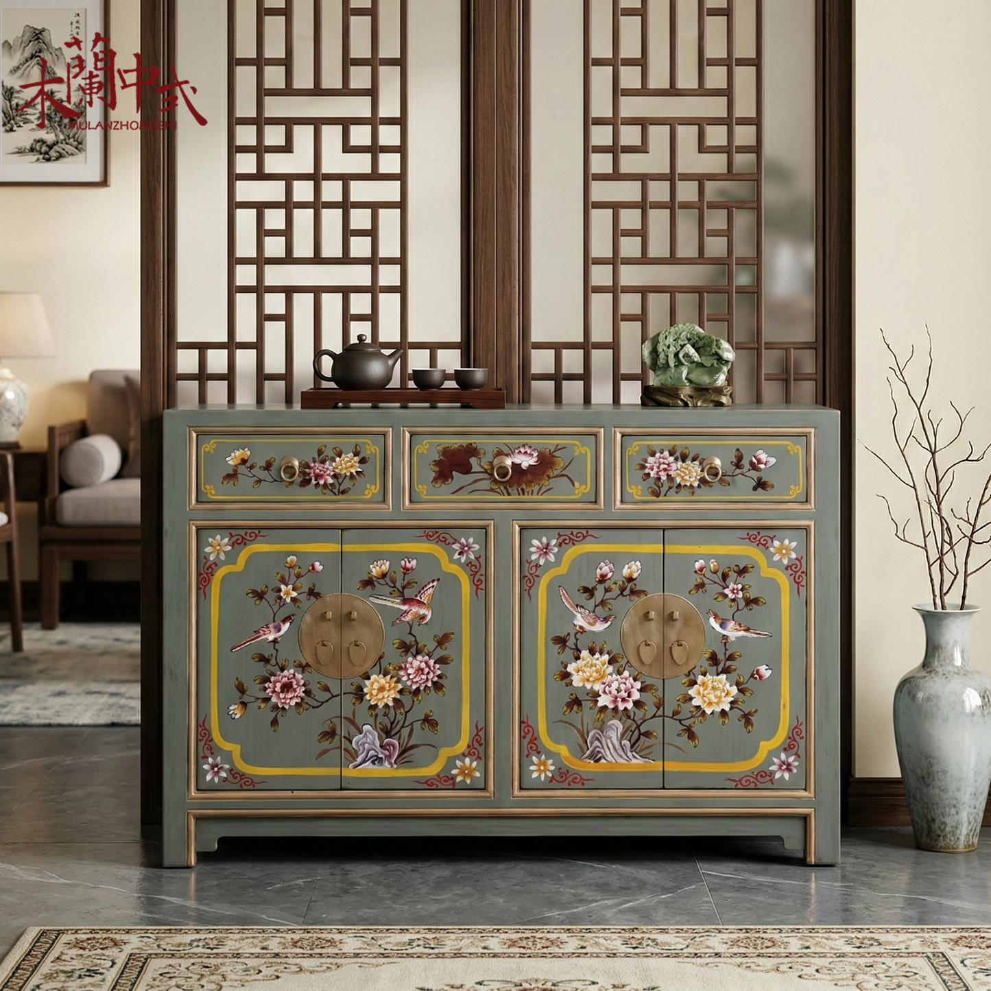 Hand Painted Floral Sideboard Cabinet, Antique Style Solid Wood Buffet Credenza with Bird and Flower Artwork, 4 Door 3 Drawer Storage Cabinet for Dining Room, Entryway and Living Room