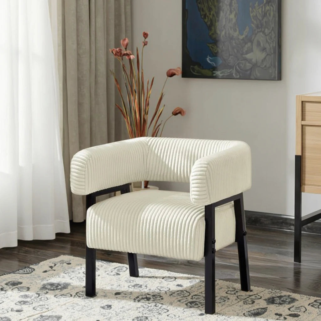 Ivory Corduroy Barrel Accent Chair with Black Solid Wood Legs