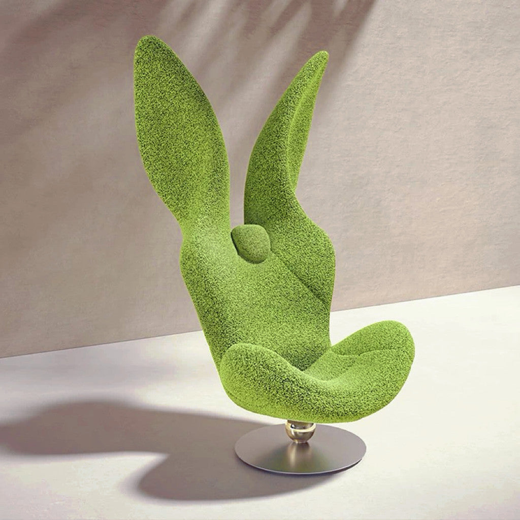 Tall Lime Green Bouclé-Style Rabbit Ear Swivel Lounge Chair, Oversized Sculptural Upholstered Accent Armchair with Metal Pedestal Base for Living Room, Hotel Lobby, Villa and Studio