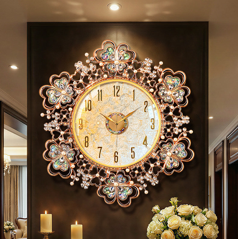 Large Gold Floral Wall Clock, Decorative Shell Style Clock with Crystal Style Accents, Silent Battery Operated Round Wall Clock for Living Room, Dining Room, Entryway, Bedroom Decor