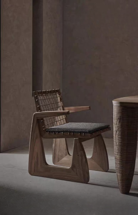 Solid Wood Armchair with Woven Backrest, Modern Wabi Sabi Accent Chair, Ash Wood Lounge Chair with Cushion for Dining Room, Living Room, Cafe, Balcony and Reading Corner