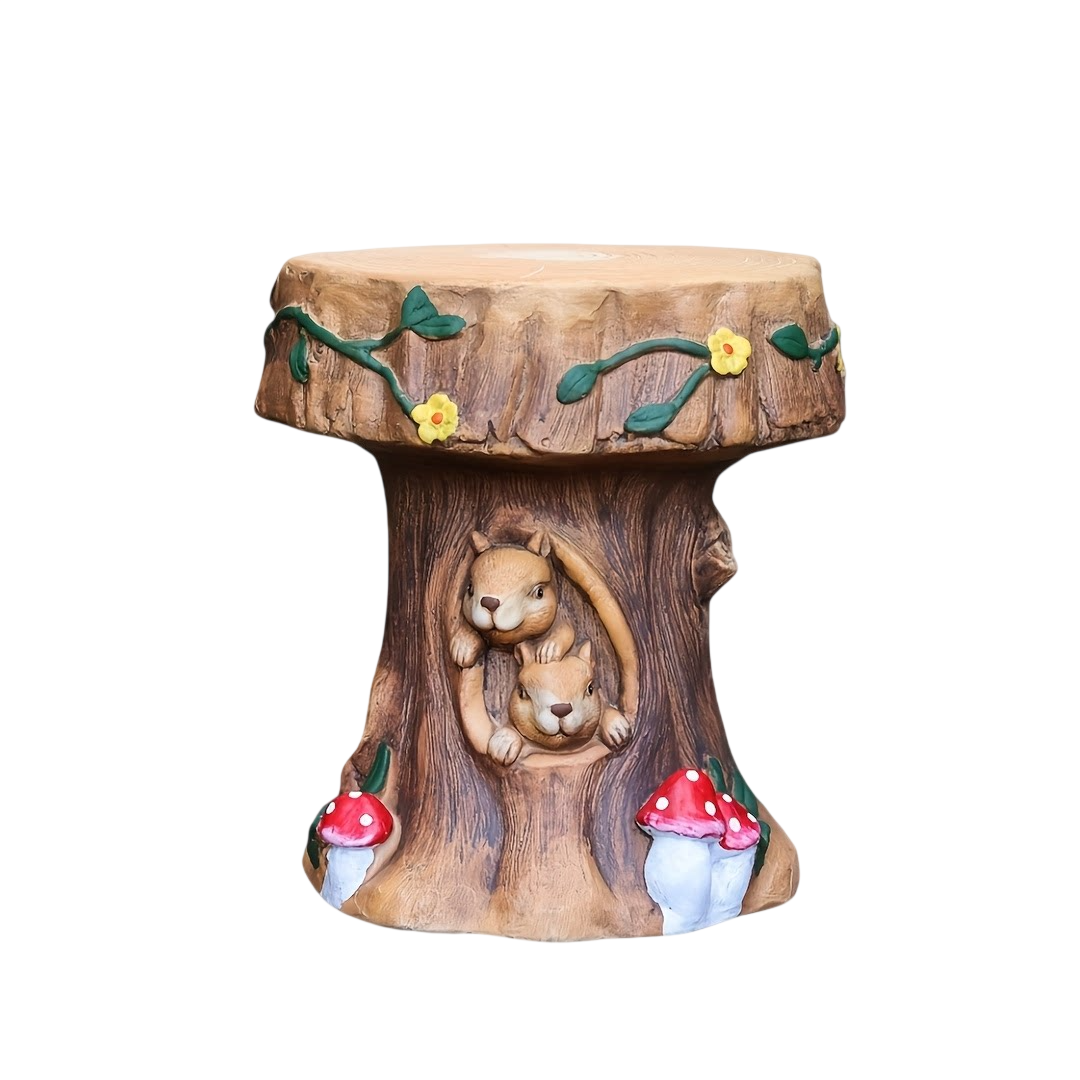 Tree Stump Stool 13 Inch, Squirrel Mushroom Garden Seat and Outdoor Decor
