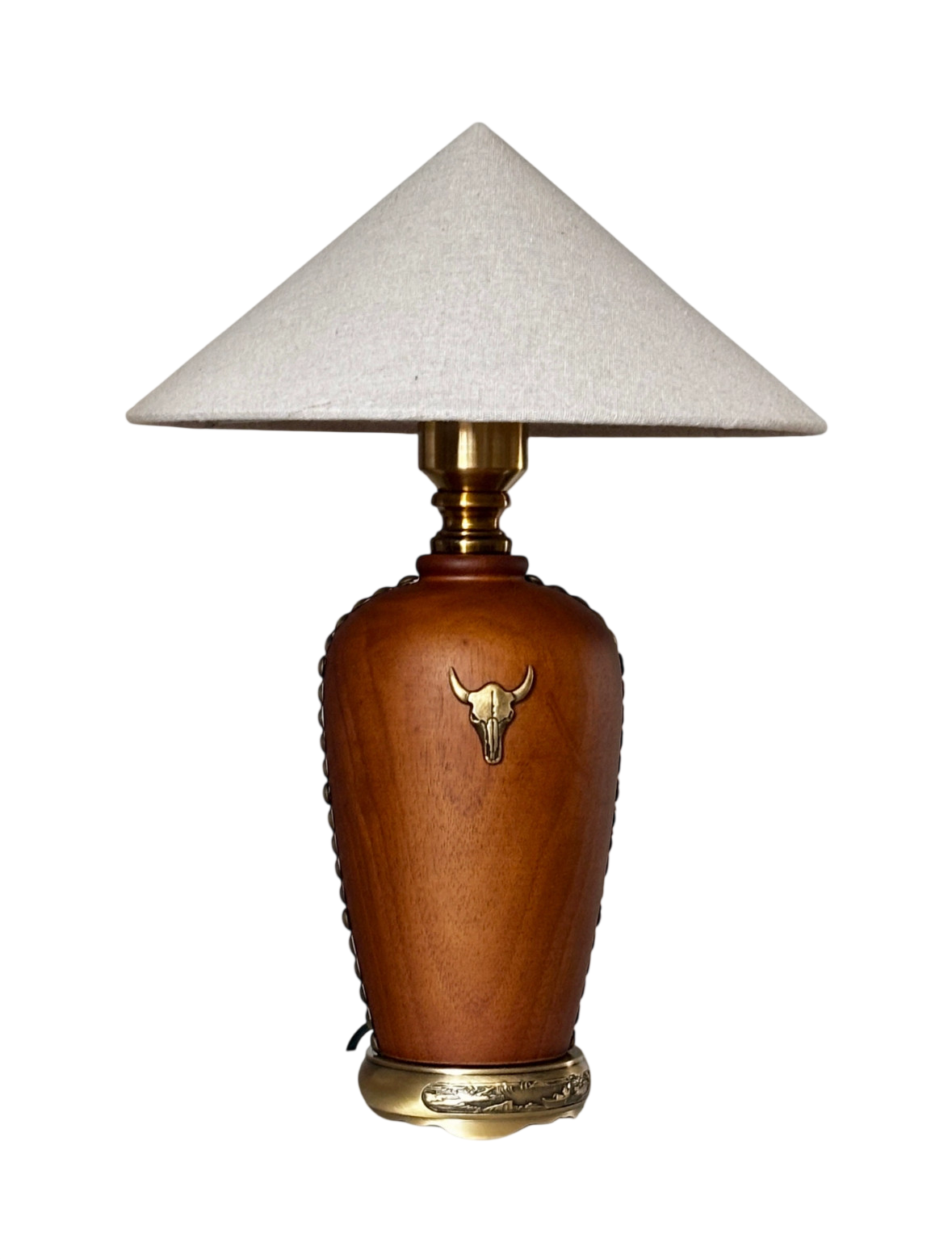 Vintage Solid Wood Table Lamp with Beige Fabric Shade, App Remote Control Bedside Lamp, Western Rustic Nightstand Lamp with Brass Tone Accents for Bedroom Living Room Study