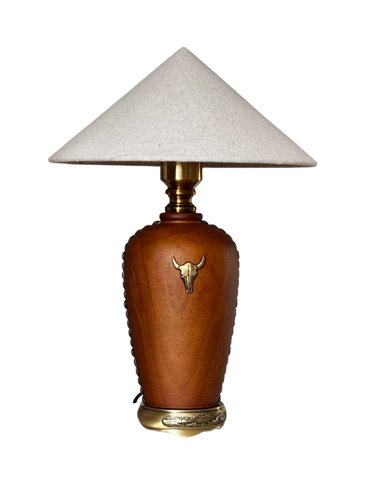 Vintage Solid Wood Table Lamp with Beige Fabric Shade, App Remote Control Bedside Lamp, Western Rustic Nightstand Lamp with Brass Tone Accents for Bedroom Living Room Study