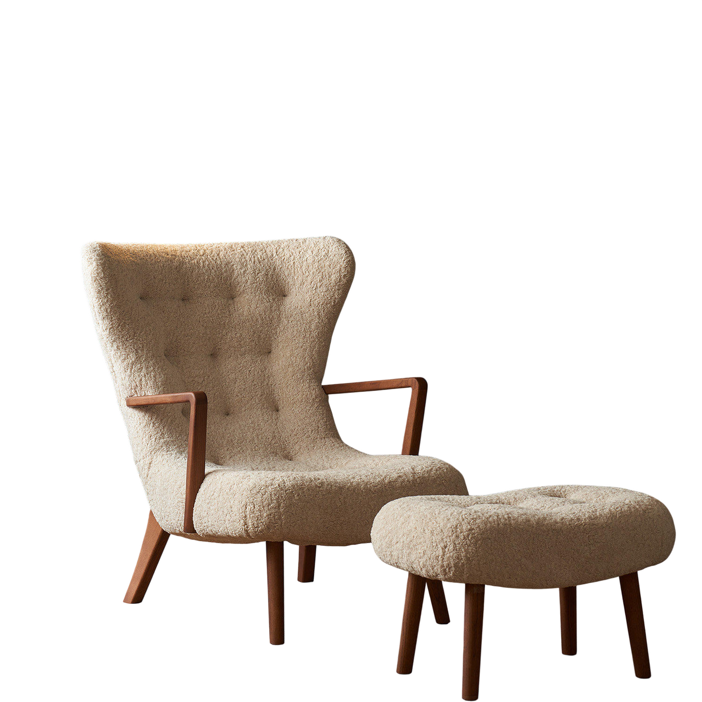 Sherpa Accent Chair with Ottoman, High Back Upholstered Lounge Chair Set, Mid Century Modern Armchair with Wood Arms for Living Room, Bedroom, Reading Nook, Balcony, and Lounge Seating