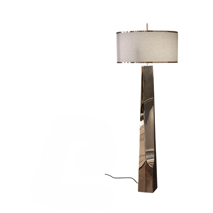 Modern Gold Floor Lamp, Sculptural Faceted Metal Standing Lamp with Beige Drum Fabric Shade, Tall Accent Lighting for Living Room, Bedroom, Hotel Lobby, Lounge, Office