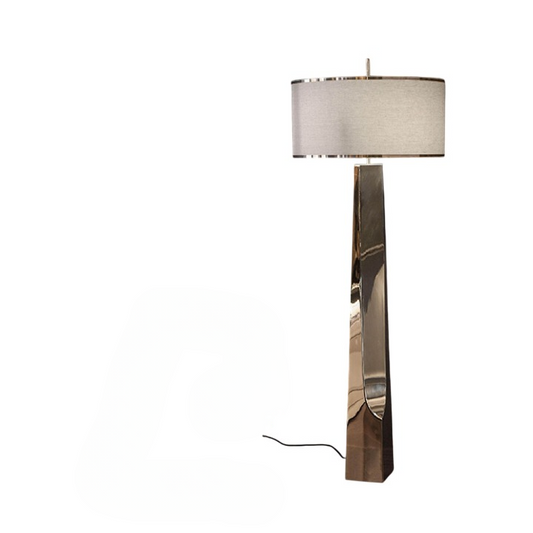 Modern Gold Floor Lamp, Sculptural Faceted Metal Standing Lamp with Beige Drum Fabric Shade, Tall Accent Lighting for Living Room, Bedroom, Hotel Lobby, Lounge, Office