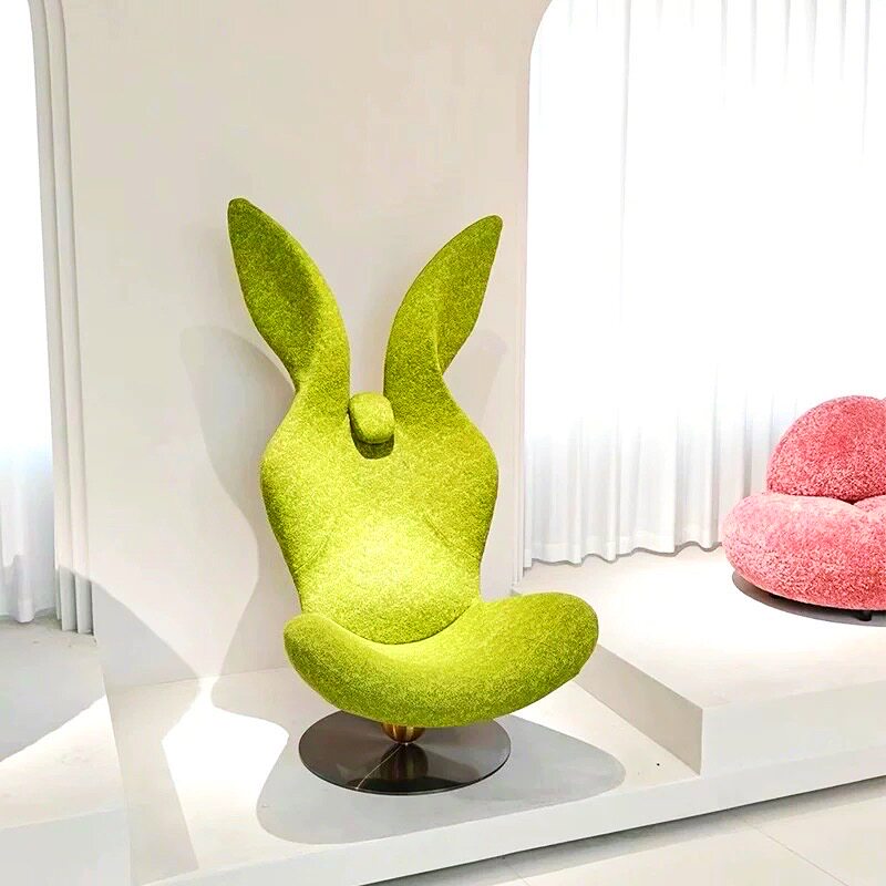 Tall Lime Green Bouclé-Style Rabbit Ear Swivel Lounge Chair, Oversized Sculptural Upholstered Accent Armchair with Metal Pedestal Base for Living Room, Hotel Lobby, Villa and Studio
