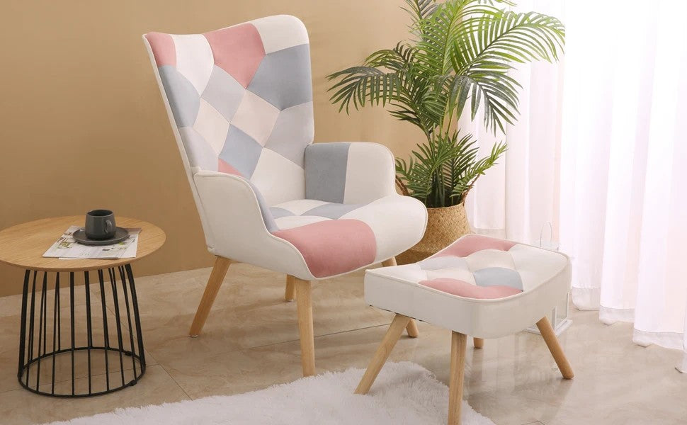 Pink Gray Patchwork Accent Chair with Ottoman Set